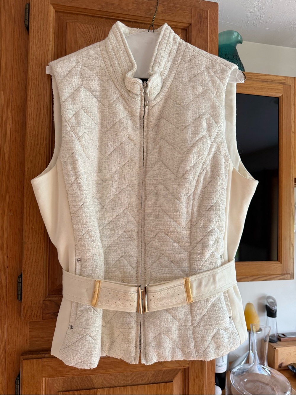 White House Black Market Cream Quilted Belted Vest